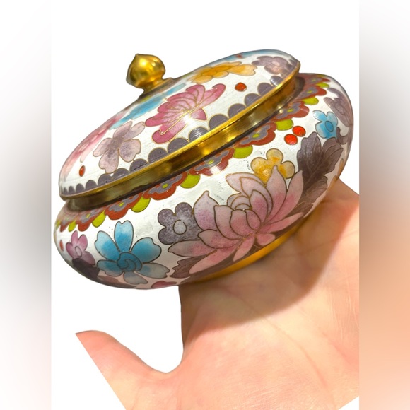 JINGFA chinese Cloissone Brass painted metal trinket bowl & lid - Picture 2 of 8